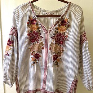 Striped Johnny Was bubble sleeve embroidered blouse